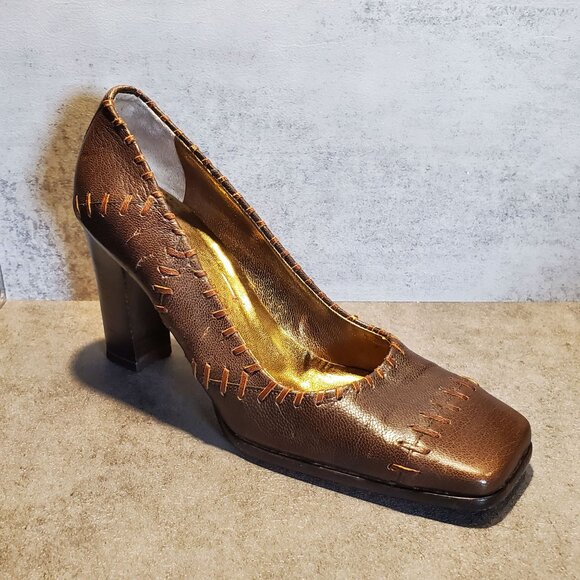 Dolce & Gabbana Vintage Y2K 90s Quiet Luxury Brown Leather Square Toe Heels 39 - Picture 4 of 16